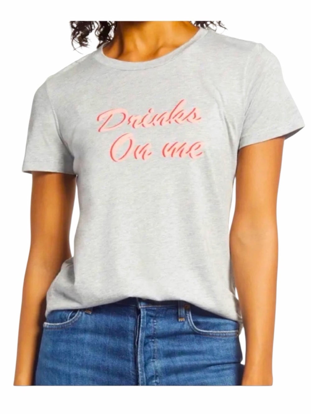 NWT! 1901 Grey Heather Cotton/Modal Blend “DRINKS ON ME” Graphic Tee. Size Small